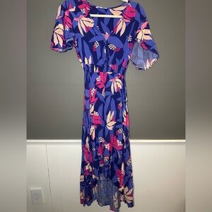 Floral Blue Midi Dress with Pink & Cream Accents